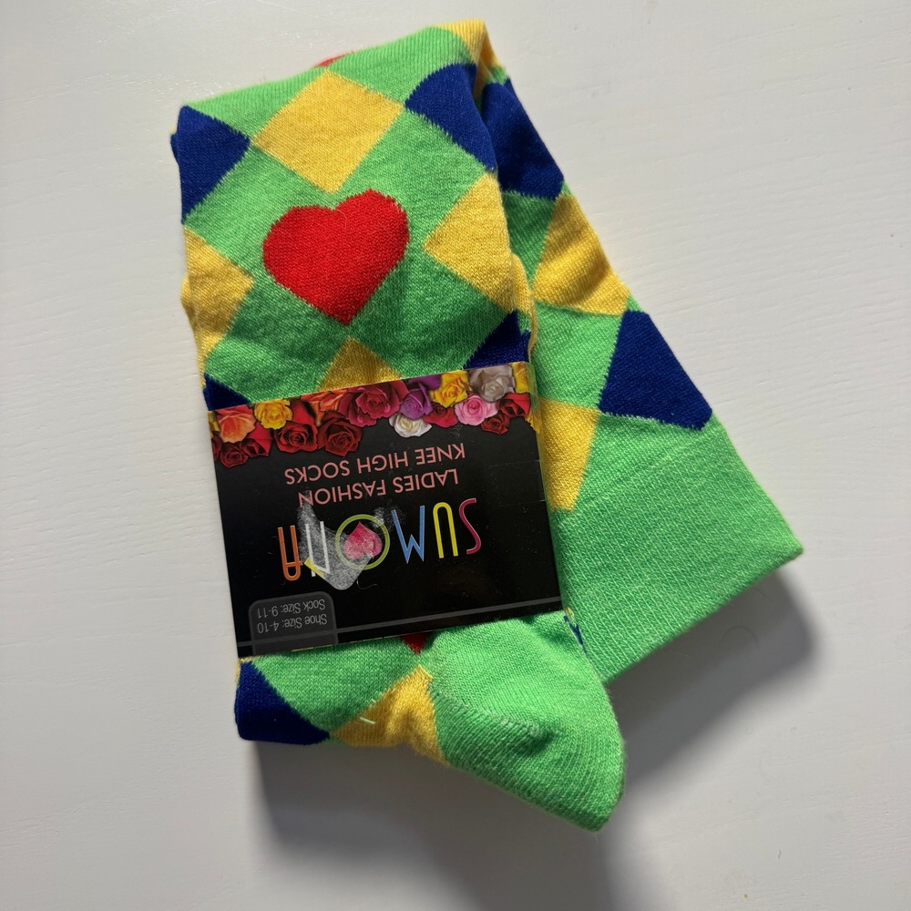 Sumona Green Argyle Heart Knee High Socks 4-10 NEW Dopamine Maximalist Rainbow